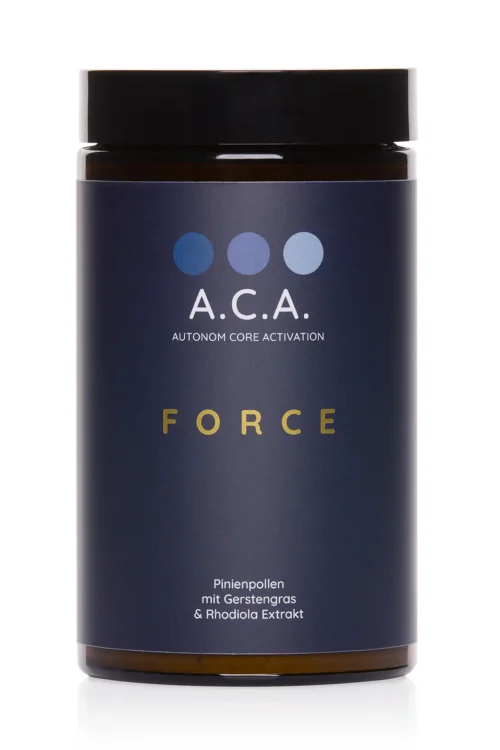 Produkt-Bild von A.C.A. Force von einem Braunglas mit dunkelblauem Etikett und goldener Schrift.