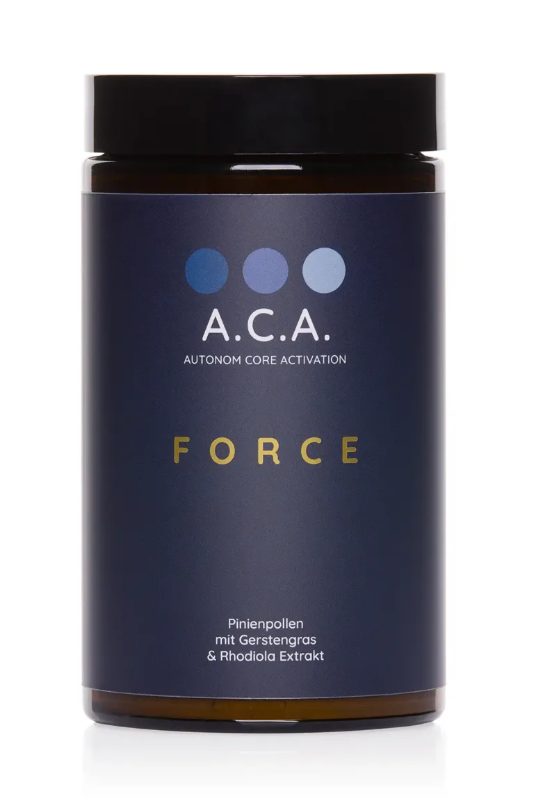 Produkt-Bild von A.C.A. Force von einem Braunglas mit dunkelblauem Etikett und goldener Schrift.