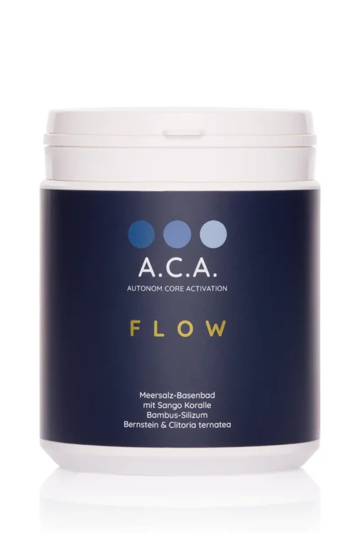 Produktfoto von A.C.A. Flow Basenbad in weißer Dose mit dunkelblauem Etikett und Schrift in gold