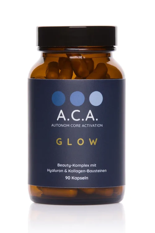 Produktbild von A.C.A. Glow - Braunglas mit dunkelblauem Etikett und Gold-Schrift